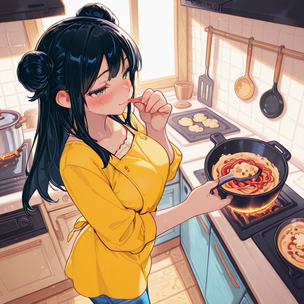 highres, ultra-detailed, illustration, colourful, masterpiece, 8k, soft lighting, (1girl, black hair, double buns, yellow dress, blue denim pants) , standing , cooking , kitchen , tasting pasta , naughty , funny , blush , feeding viewer , cute , soft lighting