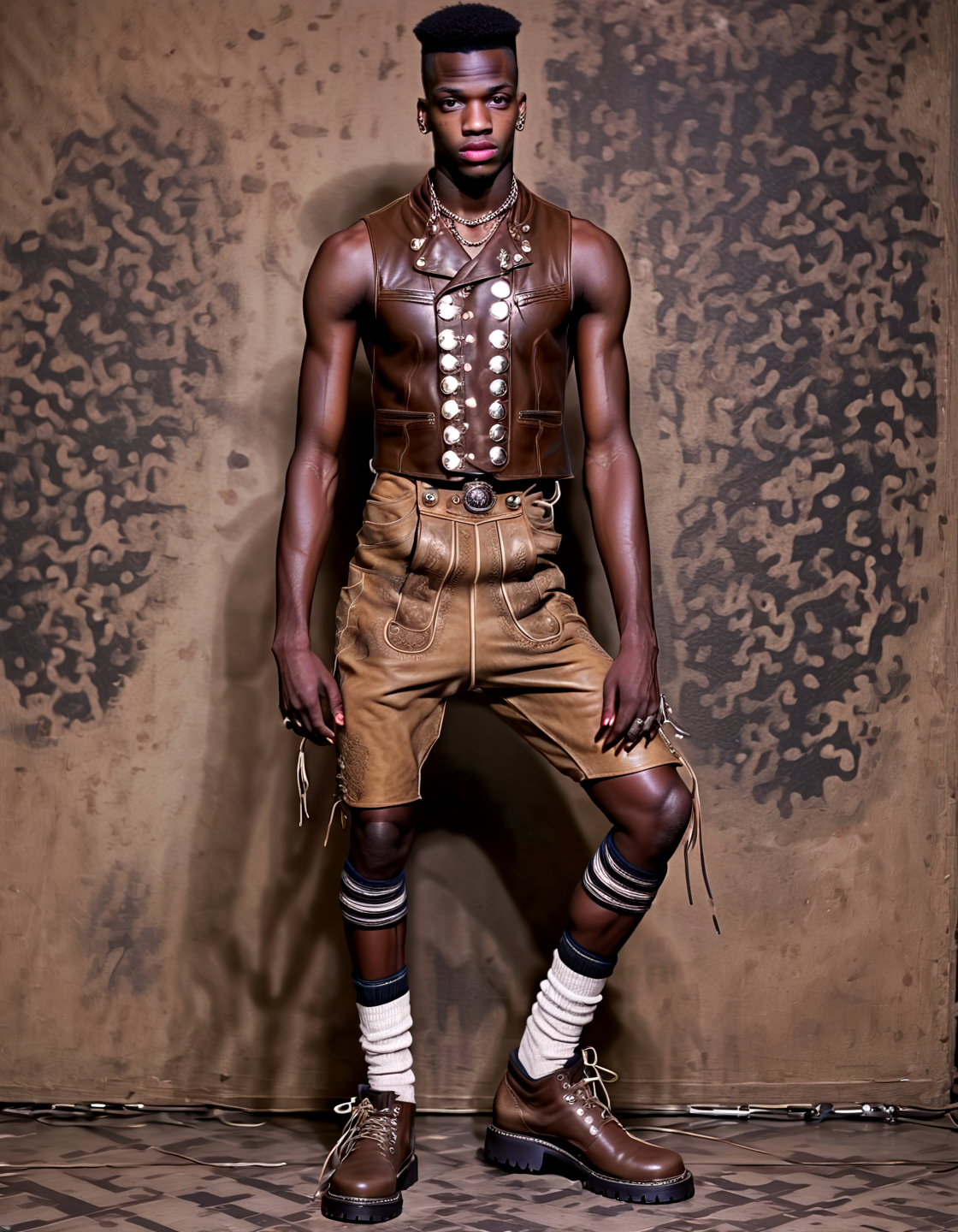 Hip-Hop Fashion professional photo shot, 1boy slim balenciaga model  wearing short brown wild leather Hosn hot pant, muscular body, black boots, high socks, ugly pattern background,,, Hip-Hop Fashion, often for music influence, bold accessories, or expressive attire.