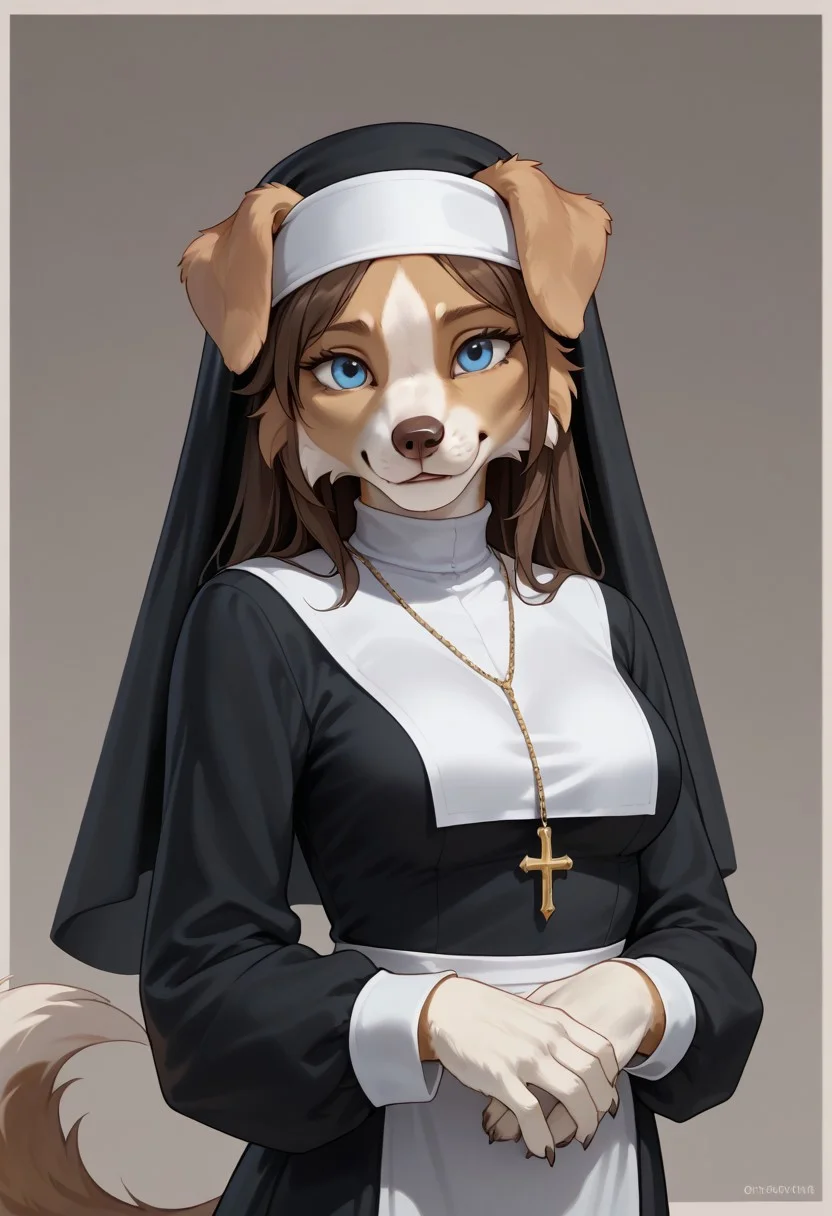 score_9, score_8_up, score_7_up, realistic style, symphtia-style, furry, anthro border collie girl, long brown hair, blue eyes, light brown fur, floppy ears, medium breasts, white belly fur, nun outfit, posing,