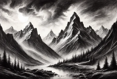 <lora:Charcoal1.0:0.5>, fantasy, mountains, Charcoal Drawing,