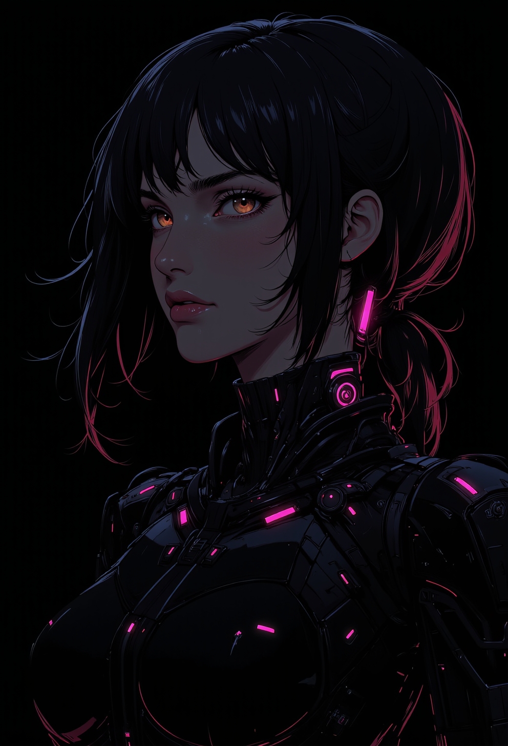 <lora:ck-nc-luminal-genesis:1>, A digital anime artwork in the style of cklg, A stunning close-up portrait of a beautiful woman with long, wavy hair cascading around her face. Subtle mechanical features are integrated into her face and neck, blending seamlessly with her natural beauty. The artwork is rendered in a chiaroscuro style, with extreme contrast between light and shadow, creating a dramatic, moody effect. The background is completely black, with neon pink light illuminating select areas of her face, hair, and mechanical elements, adding a futuristic glow. The contrast of neon pink and black enhances the surreal atmosphere, blending organic beauty with mechanical details for a striking cybernetic aesthetic.
<lora:ck-Sci-Fi-Concepts:0.3>
<lora:flux.1_lora_flyway_Epic-detail_v2:0.6>
<lora:test2:0.7>
<lora:Anime v1.3:0.2>