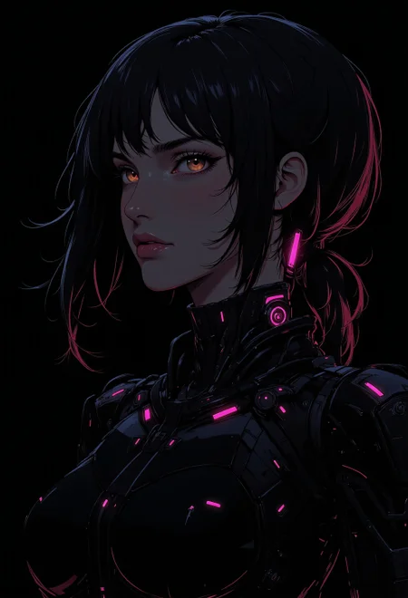 <lora:ck-nc-luminal-genesis:1>, A digital anime artwork in the style of cklg, A stunning close-up portrait of a beautiful woman with long, wavy hair cascading around her face. Subtle mechanical features are integrated into her face and neck, blending seamlessly with her natural beauty. The artwork is rendered in a chiaroscuro style, with extreme contrast between light and shadow, creating a dramatic, moody effect. The background is completely black, with neon pink light illuminating select areas of her face, hair, and mechanical elements, adding a futuristic glow. The contrast of neon pink and black enhances the surreal atmosphere, blending organic beauty with mechanical details for a striking cybernetic aesthetic.
<lora:ck-Sci-Fi-Concepts:0.3>
<lora:flux.1_lora_flyway_Epic-detail_v2:0.6>
<lora:test2:0.7>
<lora:Anime v1.3:0.2>