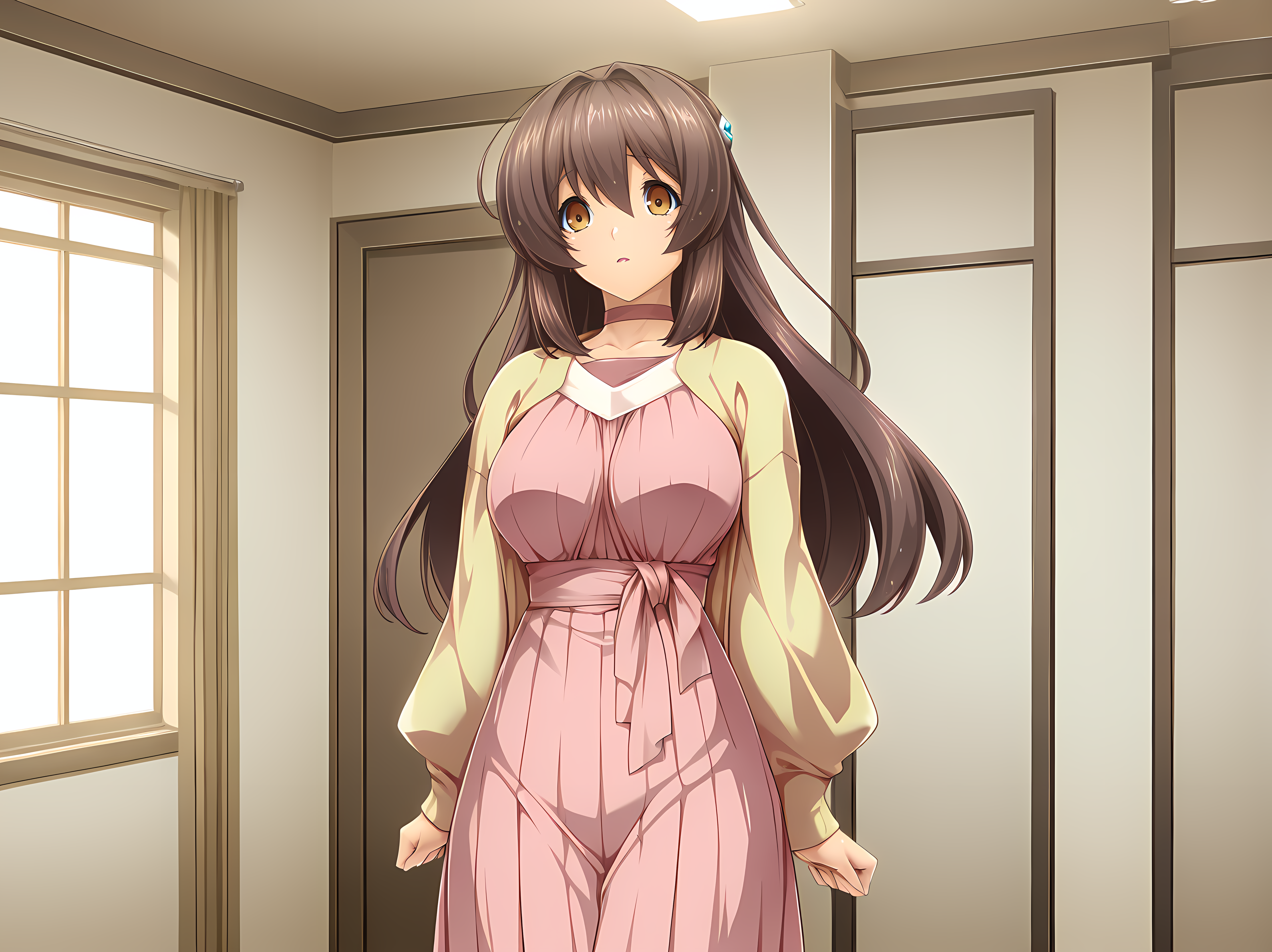 1girl,<lora:Marina_Katsuragi_-_Exstia_Illustrious:1>,marina,lusterise,brown eyes,brown hair,large breasts,casualuni,cowboy shot,parted lips,looking at viewer,solo,indoors,, masterpiece,best quality,amazing quality,