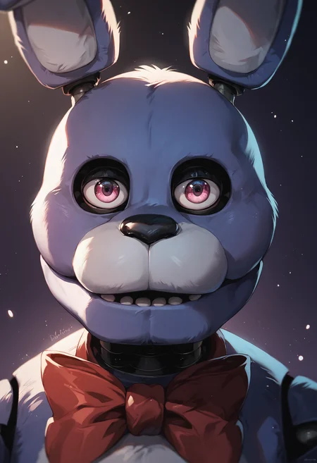 score_9, score_8_up, score_7_up, score_6_up, solo, bonnie, animatronic, pink eyes, rabbit, fnaf, red bow tie, close-up, portrait, cover, looking at viewer, purple background, bright background, detailed, detailed face, correct, light particles, close mouth <lora:Bonnie-v1:0.97>