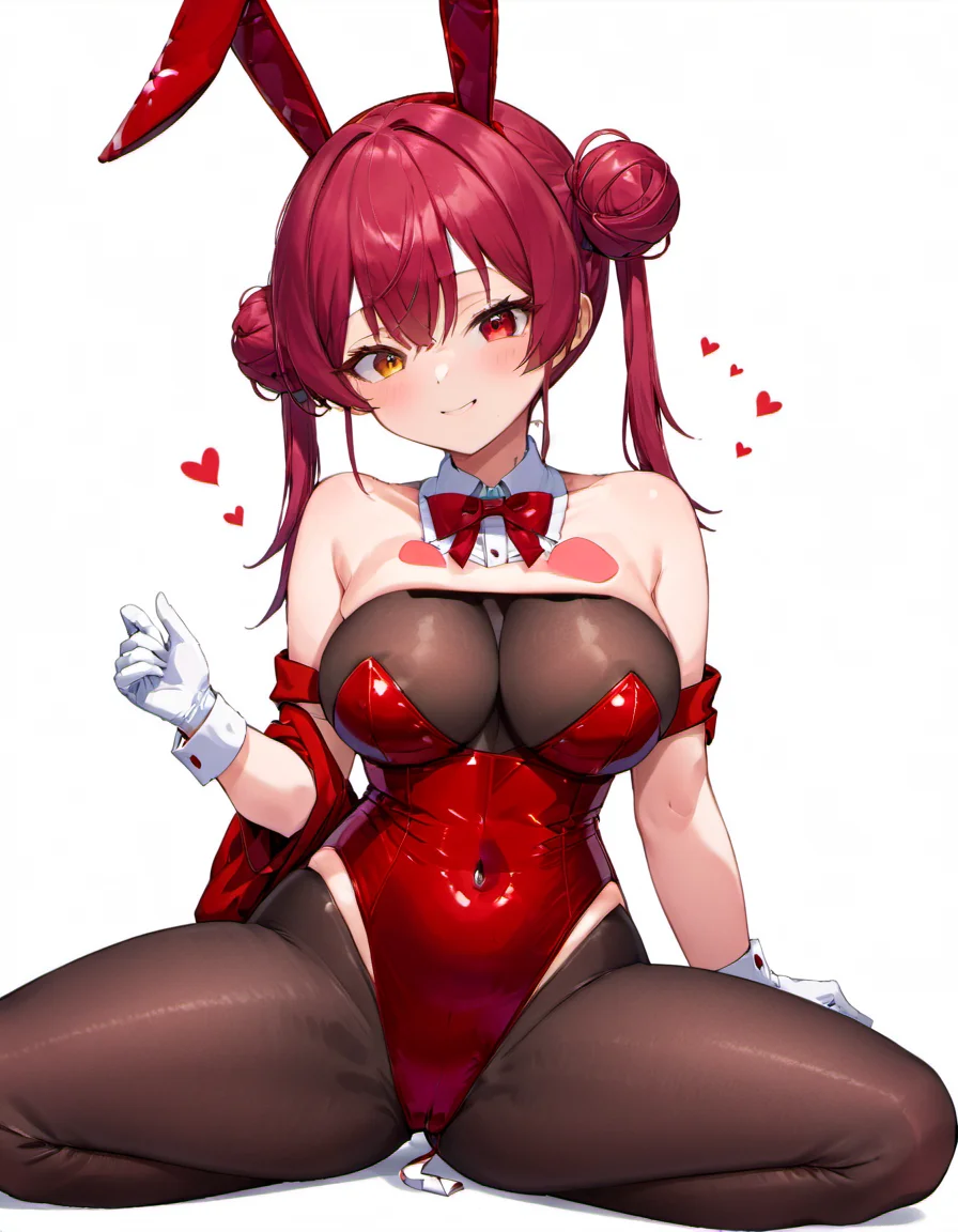 <lora:Houshou_Marine:.8> houshou marine, hair bun, pantyhose, rabbit ears, playboy bunny, gloves, long hair, heterochromia, red bowtie, twintails, leotard, white gloves, red bow, double bun, looking at viewer, rabbit tail, blush, wrist cuffs, covered navel, white background, love hotel, detached collar, closed mouth, red leotard, smile, black pantyhose, bare shoulders, sitting, cleavage, large breasts, strapless