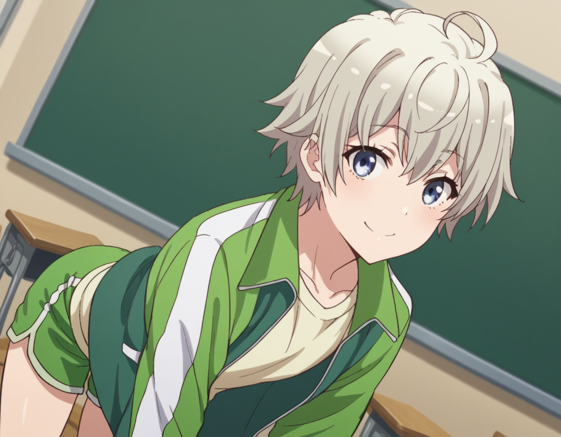 score_9, score_8_up, score_7_up, source_anime,
saikatotsuka, <lora:saika-totsuka-s2s3-ponyxl-lora-nochekaiser:1>,
saika totsuka, blue eyes, ahoge, grey hair, androgynous,
jacket, green jacket, shirt, white shirt, open jacket, shorts, green shorts, raglan sleeves,
indoors, classroom, bent over, smile,
looking at viewer, cowboy shot, solo, dutch angle,