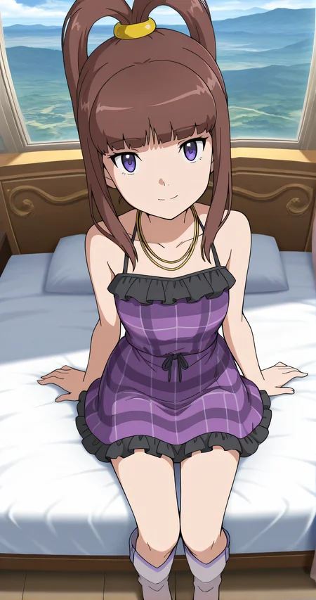 masterpiece, best quality, highres, scenery, newest, 1girl, solo, official style, <lora:IL_Amano_Nene_v2:1>, nene, necklace, collarbone, purple plaid dress, bare shoulders, black frills, white kneehigh boots, indoor, sitting on bed, expressionless, arms at sides, smile, from above, looking at viewer
