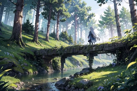 (masterpiece),  1girl,  long hair,  elf,  forest,  tree,  scenery