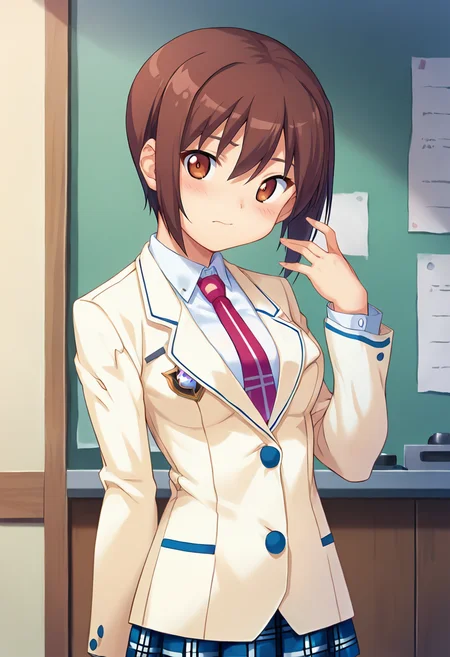 score_9, score_8_up, score_7_up, masterpiece, 1girl, source_anime, 1girl, ct_r1ka, brown eyes, brown hair, short hair, medium breasts, beige blazer, white collared shirt, red necktie, long sleeves, blue plaid skirt, upper body, blush, hand up, looking at viewer, indoors, wooden wall, shiny hair, cowboy shot, <lora:ManabeRika_Pony_ct-000008:0.8>