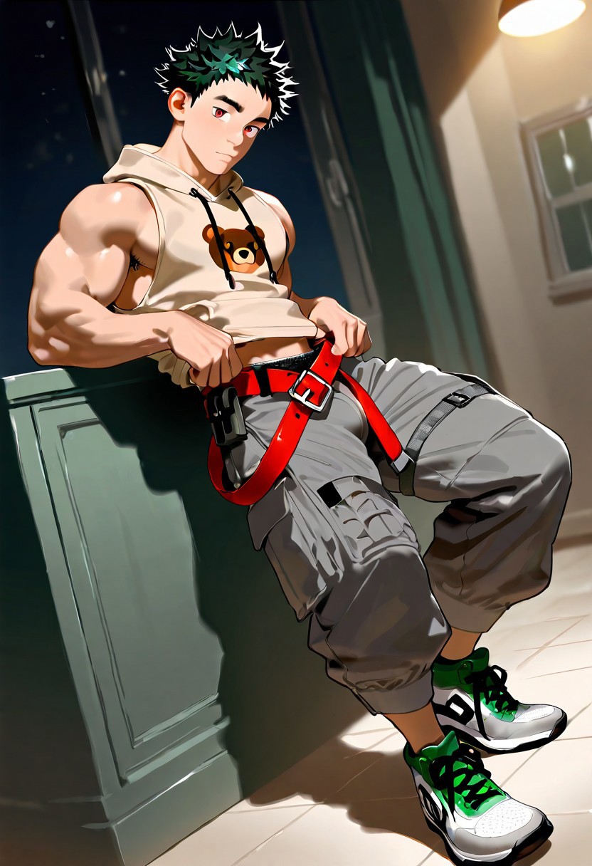 very awa, masterpiece, best quality, absurdres, newest, perfect quality, detailed background, intricate details, realistic,
solo, male focus, full body, short body, smooth body, muscular, male, cute face,
light skin, bright red eyes, thick eyebrows,
dark green hair, (very short hair, spiky hair, messy hair:1.8), armpit hair, 
(beige hoodie, brown bear print on hoodie, sleeveless hoodie:1.6), thick arms, (unbuckled belt, red belt, gray cargo pants:1.8), (white sports shoes with black accents, green shoelaces:1.8),
sensual pose, tiny bulge,
inside mansion, night, dim lights, dynamic angle,