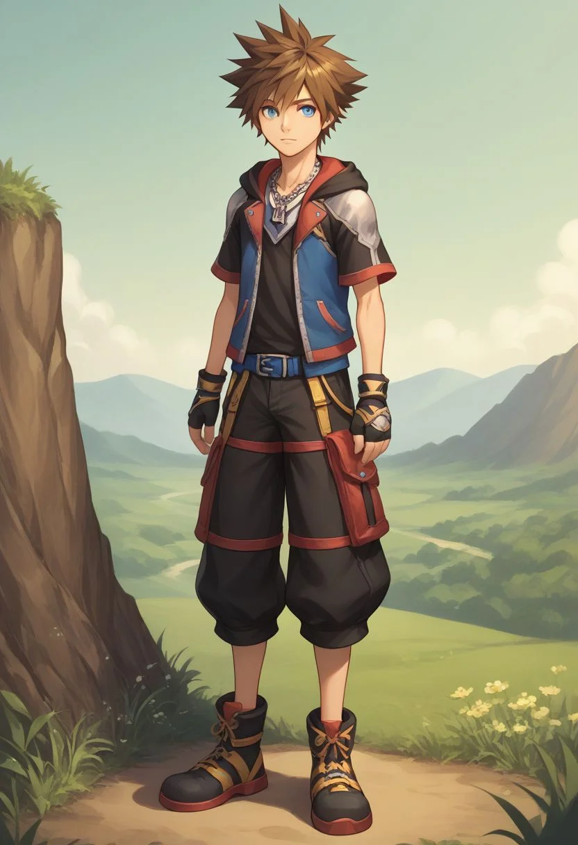 score_9, score_8_up, source_anime, highly detailed, 1boy, solo, male_focus slender, skinny, 
sora, fingerless gloves, 1boy, male focus, spiked hair, blue eyes, solo, gloves, necklace, brown hair, hood, full body, short sleeves,
outdoor,