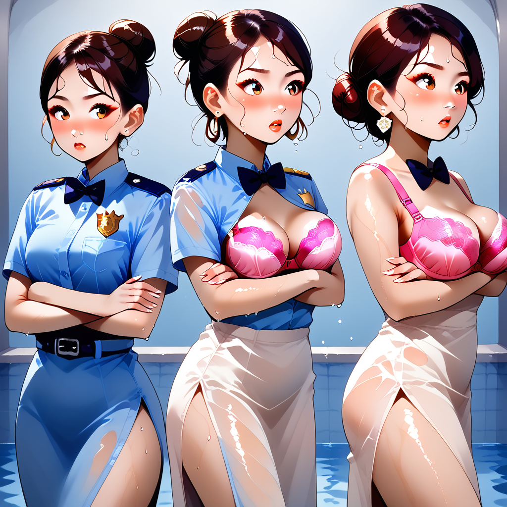 police, wet, blush, pink bra, single hair bun, hair bun, crossed arms, bowtie, breasts, side slit, earrings