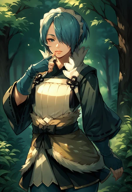 score_9, score_8_up, score_7_up, source_anime, 1girl, cowboy shot, lips, finger to own chin, <lora:SetsunaFE-pdxl:1> defSet, short hair, white hairband, hair over one eye, japanese clothes, high collar, long sleeves, fingerless gloves, fur-trimmed sash, blue pantyhose, outdoors, forest