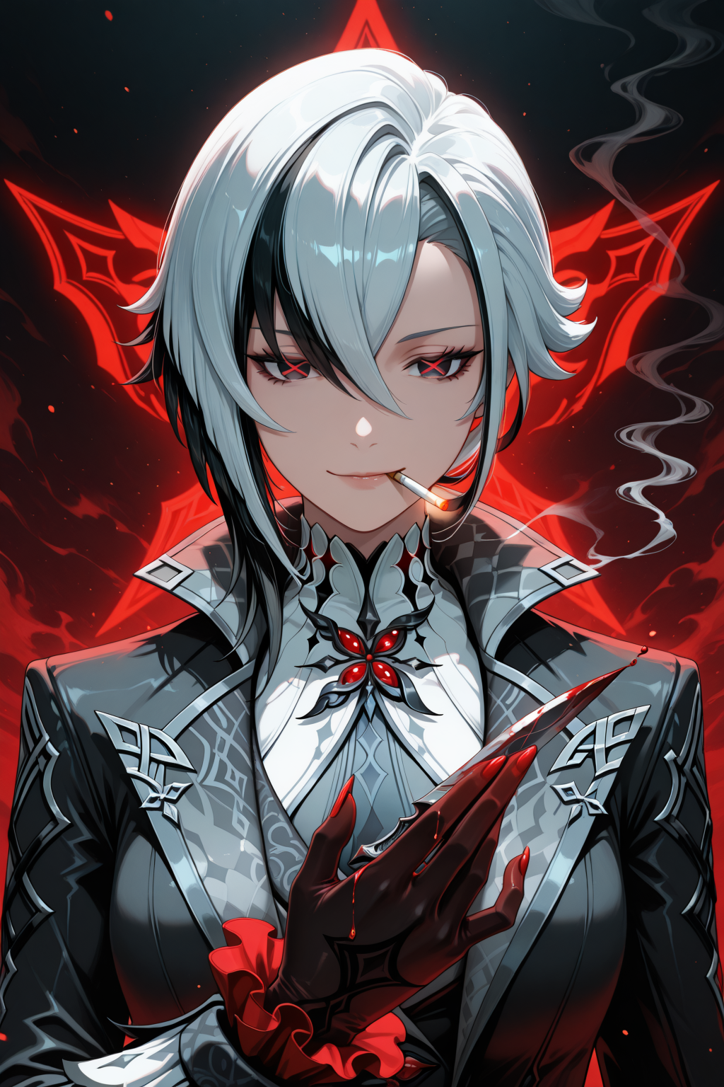 lazypos, arlecchino \(genshin impact\),  1girl, black suit, white hair, red X-shaped pupils, knife collection, bloodstained gloves, dimly lit office, paper shreds floating, shadowy tendrils, cigarette smoke, cold smirk, portrait: rule of thirds, monochrome palette, crimson accents, executioner vibe, hidden blades, drip effect (ink-like blood), sinister elegance, flickering neon sign, noir detective aesthetic <lora:TrendCraft_The_Peoples_Style_Detailer-v1.0A-3_13_2025-illustrious:0.4>