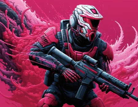 <lora:brho:0.6>brho, futuristic soldier with tech armor and helmet covering face, shotgun shells on arm, machine gun with short scope, pink background, red streaks of paint moving behind him, alien tentacle claws amassed on his back