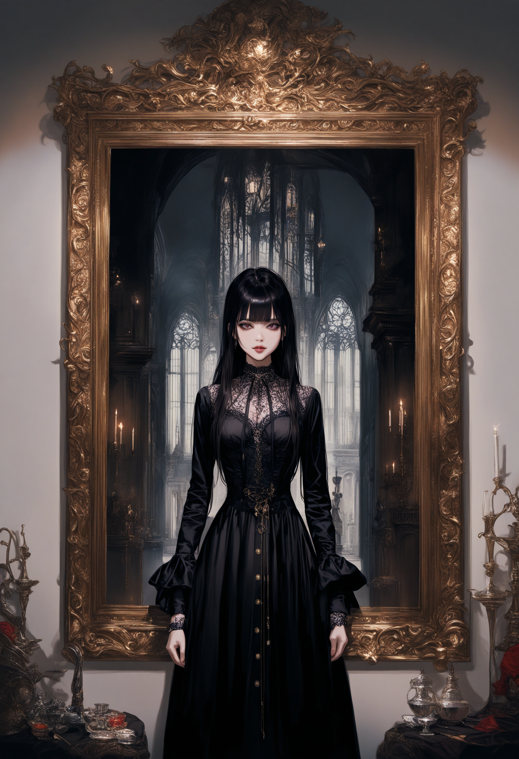 Gothic style masterpiece,high score,great score,absurdres,  ., a man in a red and black outfit standing in front of a fire pit with a ladder in the background [21],, <lora:br3k1ngd0un:1>,(br3k1ngd0un, realistic, Clarice Beckett, international gothic, dark shadows),, school uniform [2], <lora:Haut3C0t0ur3V01:0.6>, (haut3c0t0ur3v01, style, haut3c0t0ur3, Alexander McQueen, fantastically gaudy),, arms at sides [3], Luxury, Gold, silver, black, purple . Dark, mysterious, haunting, dramatic, ornate, detailed