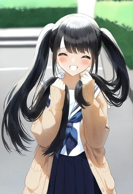 <lora:penta1_noob1.1-000139:0.9>,
1girl, blurry background, blurry, skirt, smile, pleated skirt, solo, twintails, long hair, depth of field, closed eyes, school uniform, open clothes, facing viewer, cardigan, sailor collar, white shirt, holding hair, blue neckerchief, sleeves past wrists, serafuku, grin, long sleeves, white sailor collar, shirt, blush, neckerchief, open cardigan, black hair, holding, hands up, brown cardigan, outdoors, blue skirt, standing, ^_^, day, puffy sleeves, very long hair, :d, black skirt,
masterpiece,best quality,newest,absurdres,highres,very awa,