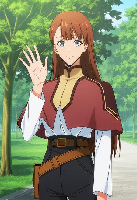 <lora:Lee Joohee_illustrious-000052:1>,
Lee Joohee,brown hair,long hair,blue eyes,
belt,white shirt,black pants,capelet,solo,looking at viewer,outdoors,standing,tree,anime coloring,cowboy shot,smile,waving