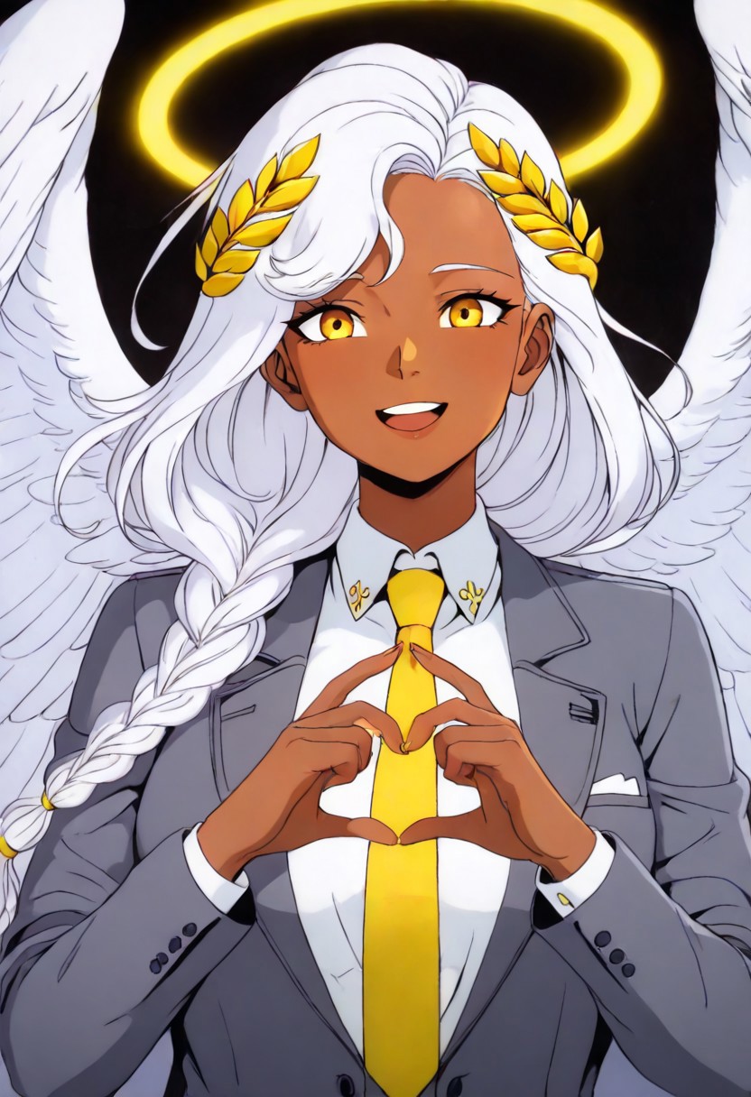 masterpiece, best quality, newest, absurdres, highres, 
X-1990STV1.0, 
1girl, dark skin, dark-skinned female, grey suit, suit official attire, official clothes, nectie, yellow necktie, white hair, long hair, braid, single braid, angel, angel girl, halo, wings, angel wings, smile, happy, open eyes, golden eyes, laurel crown,