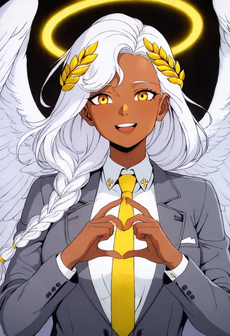 masterpiece, best quality, newest, absurdres, highres,
X-1990STV1.0,
1girl, dark skin, dark-skinned female, grey suit, suit official attire, official clothes, nectie, yellow necktie, white hair, long hair, braid, single braid, angel, angel girl, halo, wings, angel wings, smile, happy, open eyes, golden eyes, laurel crown,