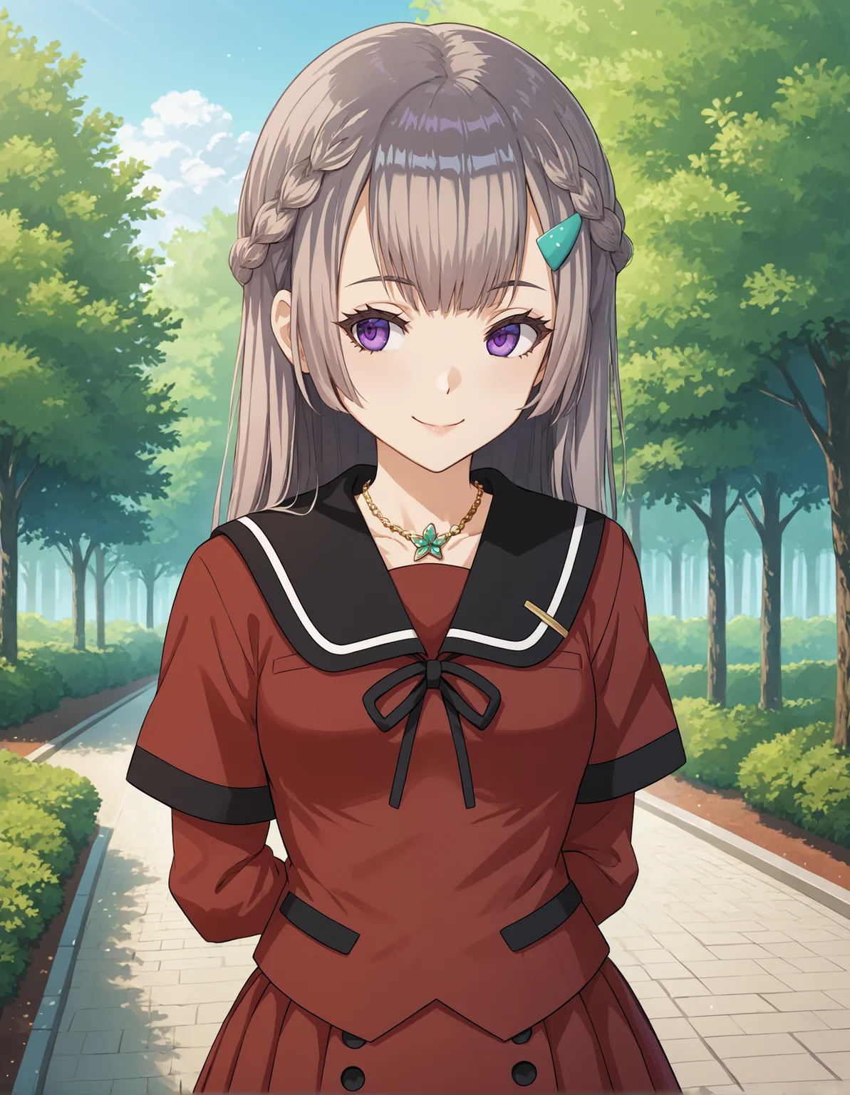 score_9, score_8_up, source_anime, 1girl, upper body, medium shot, detailed, mgrcshizumikonoha, grey hair, long hair, half up braid, purple eyes, aqua hairpin, red shirt, black sailor collar, gold necklace, black neck ribbon, short over long sleeves, red pleated skirt, hands behind back, looking away, light smile, outdoors, park, (side view:0.7), <lora:mgrcshizumikonoha_XL:0.9>