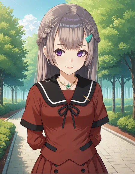 score_9, score_8_up, source_anime, 1girl, upper body, medium shot, detailed, mgrcshizumikonoha, grey hair, long hair, half up braid, purple eyes, aqua hairpin, red shirt, black sailor collar, gold necklace, black neck ribbon, short over long sleeves, red pleated skirt, hands behind back, looking away, light smile, outdoors, park, (side view:0.7), <lora:mgrcshizumikonoha_XL:0.9>