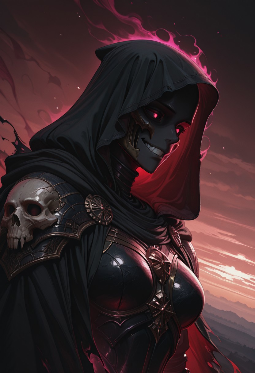 Portrait, Upper Body Closeup, Sundawn, Landscape, towering Knight, heavy armored,Fantasy, dmsty, masterpiece, best quality, good quality, newest, highres, absurdres, solo, pointy hood, dark atmospheric, detailed, intricate, Clouds, Busty, eerie grin, Ethereal, dmsty, shaded eyes, Skull, 1girl, masterpiece, best quality, good quality, newest, highres, absurdres, grim reaper, Angle, dutch Angle, Action Scene, hyperdetailed, billowing cape, intricate Torn Cape, Wind, particles, hood closeup, Ethereal Aura, Angle, Headshot, muscular, vibrant neon, painting, Parodie,