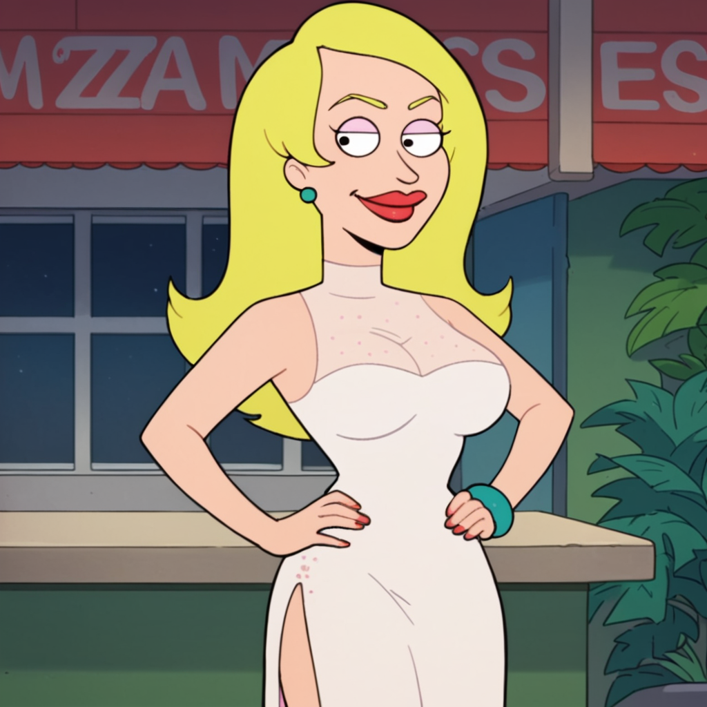 score_9, score_8_up, score_7_up, 1girl, solo, Isabella, style parody, blonde hair, long hair, black eyes, earrings, lipstick, large breasts, narrow waist, wide hips, looking at viewer, white dress, hands on own hips, side slit, highres, high quality, masterpiece, <lora:IsabellaAD:1>