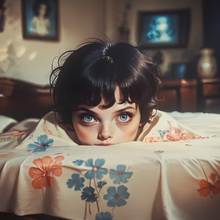 core_9, score_8_up, score_7_up, score_6_up, <lora:70s_Horror_MoviePony:1> ArsMovieStill, movie still from a 1970s horror movie, The image is a close-up of a child's face peeking over a bedsheet. The child has dark hair and blue eyes and their expression is one of fear or unease. The bedsheet is covered in a floral pattern and the background is dark and out of focus. The image appears to be a sepia-toned photograph giving it a vintage feel., black hair, solo, 1girl, looking at viewer, short hair, blurry, bangs, dark, blue eyes