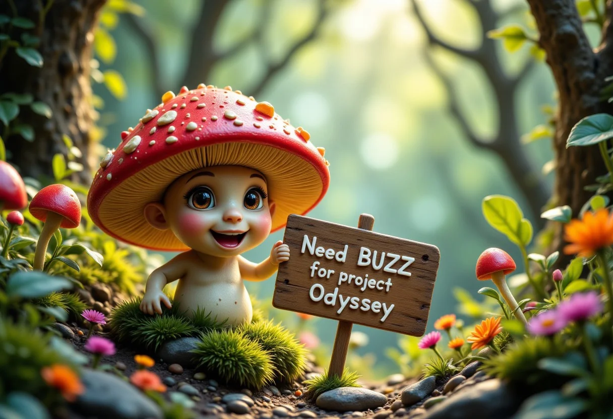 aidmaMJ6.1, aidmaimageupgrader, aidmafluxpro1.1, A small cute mushroom holding a sign with following text written on the sign: "Need BUZZ for project Odyssey". The whole picture is made in a cartoonish comical style. Futuristic fantasy jungle vibrant with vivid colors.