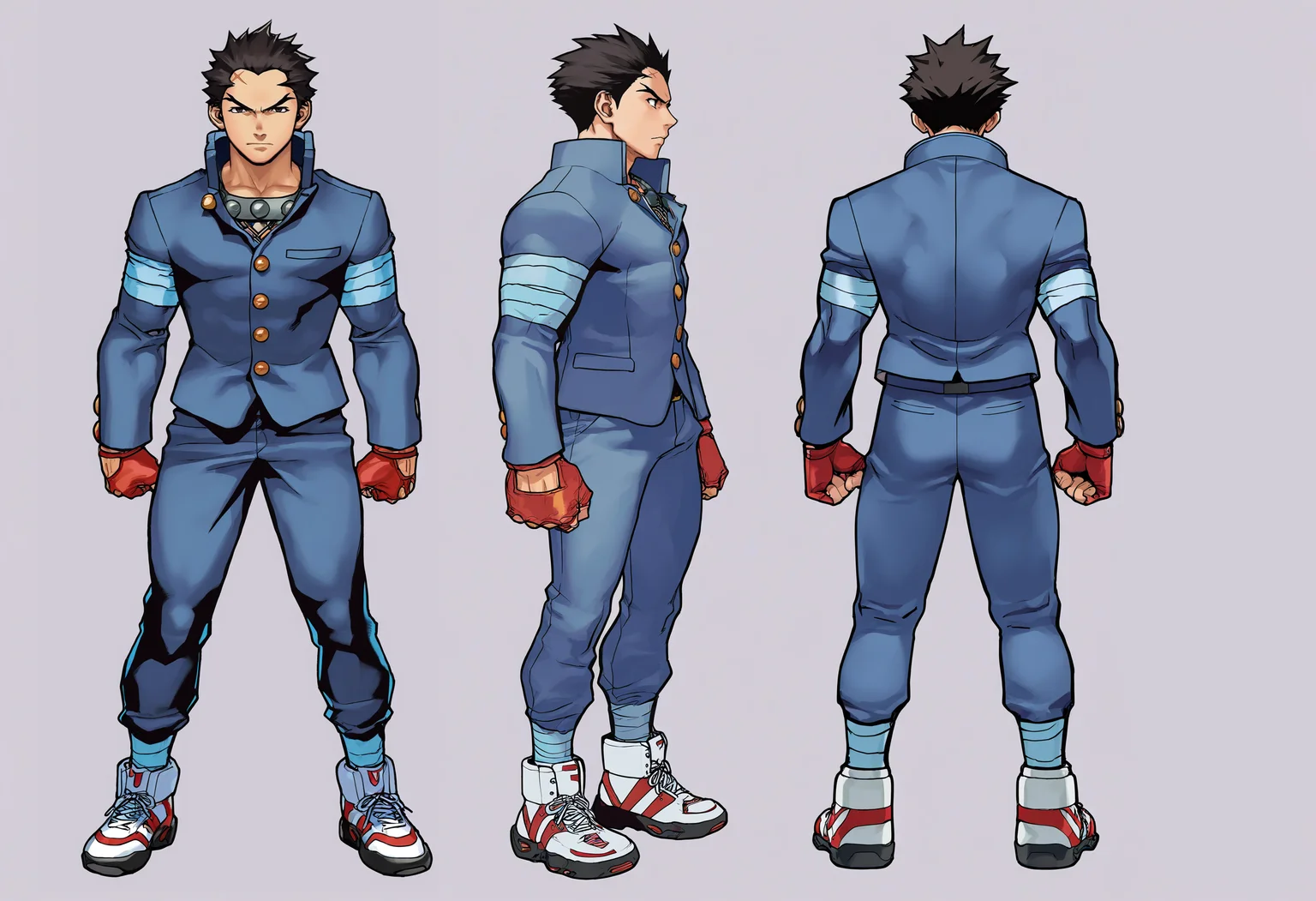 masterpiece, best quality, newest, absurdres, highres, very awa, 1boy, male, male focus, ichimonji batsu, fingerless gloves, red gloves, school uniform, blue jacket, blue pants, sneakers, reference sheet, multiple angles, turnaround, full body, muscular male, official art