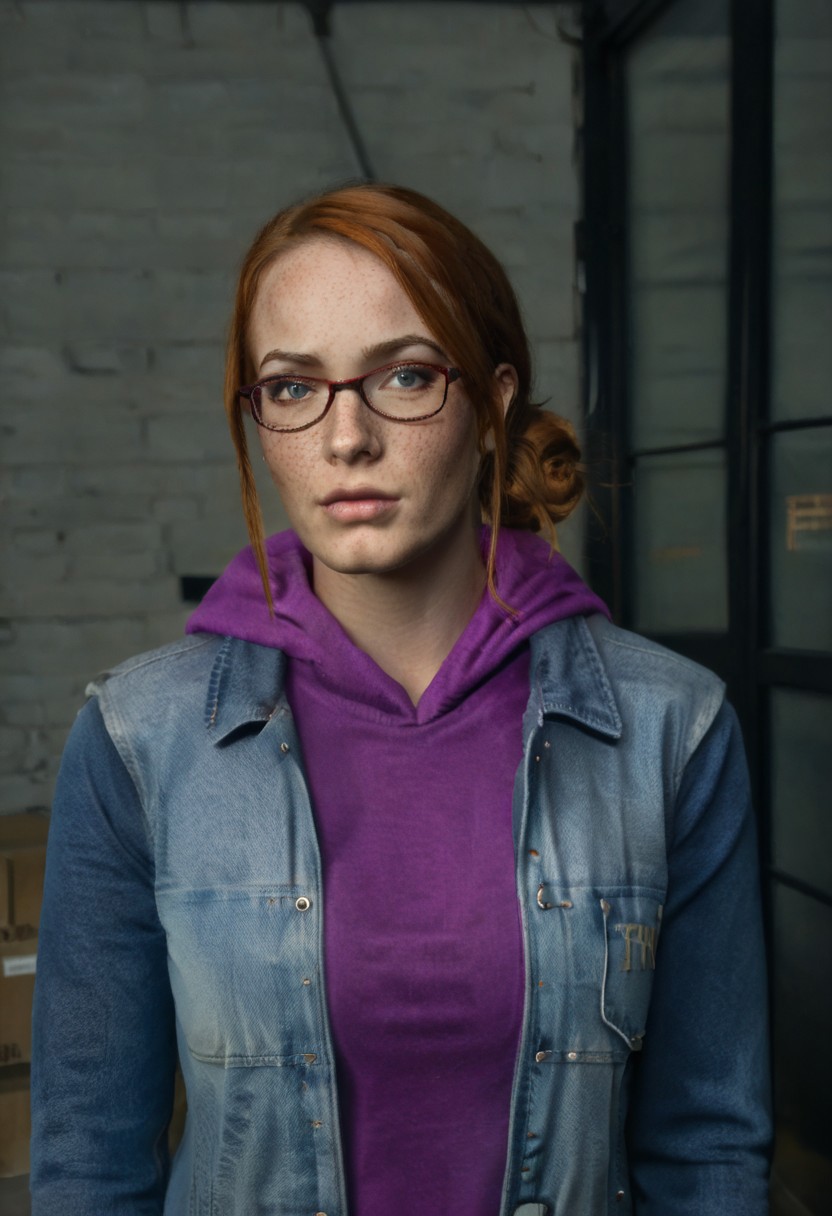 score_9, score_8, score_7_up, highres. masterpiece, highly detailed, realistic 
SR_KinzieKensington, 1girl, brown hair, orange hair,, short hair, bangs, single hair bun, hair bun, blue eyes, glasses, black-framed eyewear, denim jacket, blue jacket, open clothes, open jacket, jacket, purple hoodie, purple shirt,, hoodie, hood down, hood, long sleeves, gloves, fingerless gloves, freckles, face freckles, body freckles
alleyway, crossed arms, looking at viewer, standing, solo, upper body, face focus
<lora:RealisticSkinv2_ponyv6_loraplus:1:start=XX> real skin, explicit photography