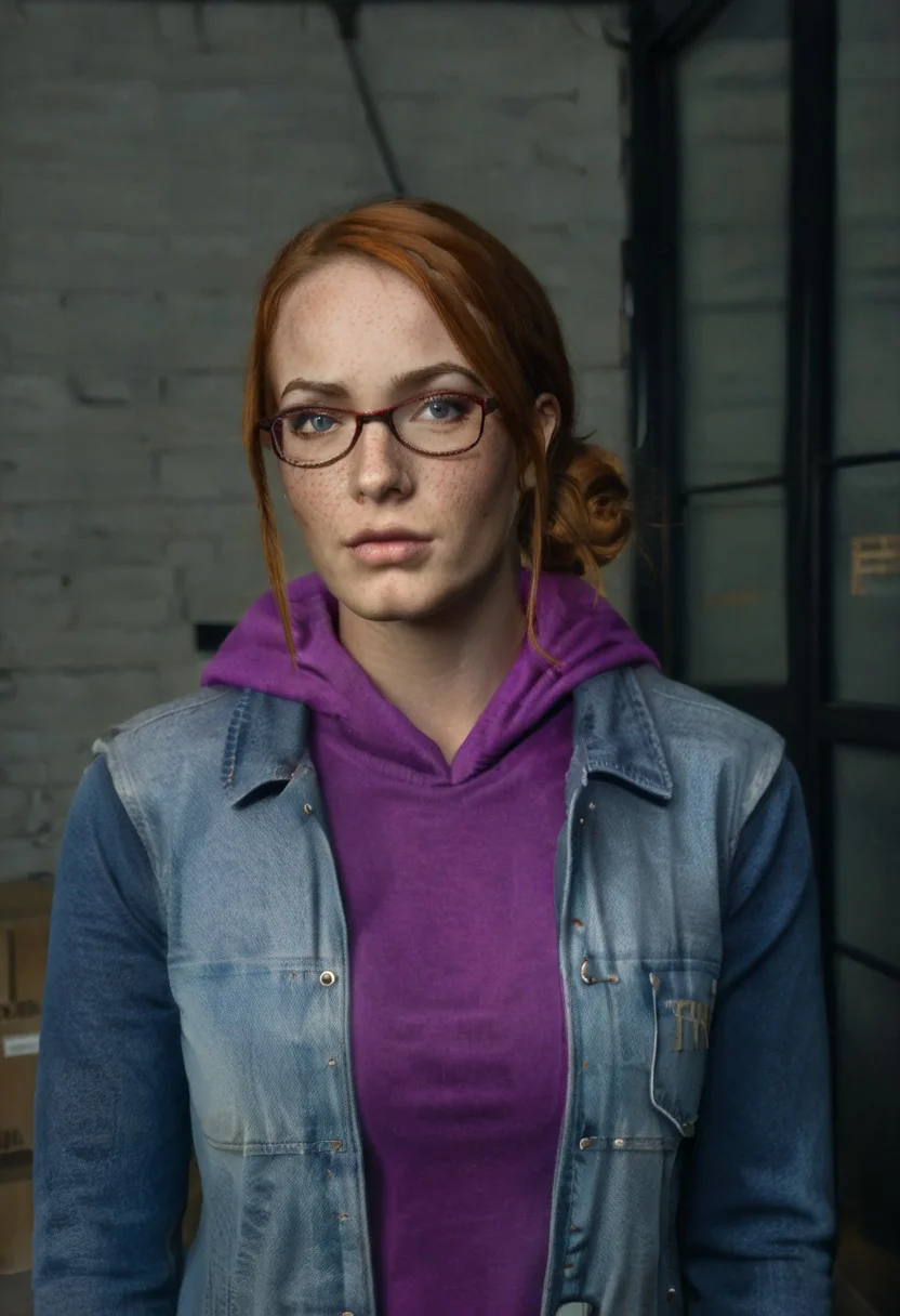 score_9, score_8, score_7_up, highres. masterpiece, highly detailed, realistic
SR_KinzieKensington, 1girl, brown hair, orange hair,, short hair, bangs, single hair bun, hair bun, blue eyes, glasses, black-framed eyewear, denim jacket, blue jacket, open clothes, open jacket, jacket, purple hoodie, purple shirt,, hoodie, hood down, hood, long sleeves, gloves, fingerless gloves, freckles, face freckles, body freckles
alleyway, crossed arms, looking at viewer, standing, solo, upper body, face focus
<lora:RealisticSkinv2_ponyv6_loraplus:1:start=XX> real skin, explicit photography