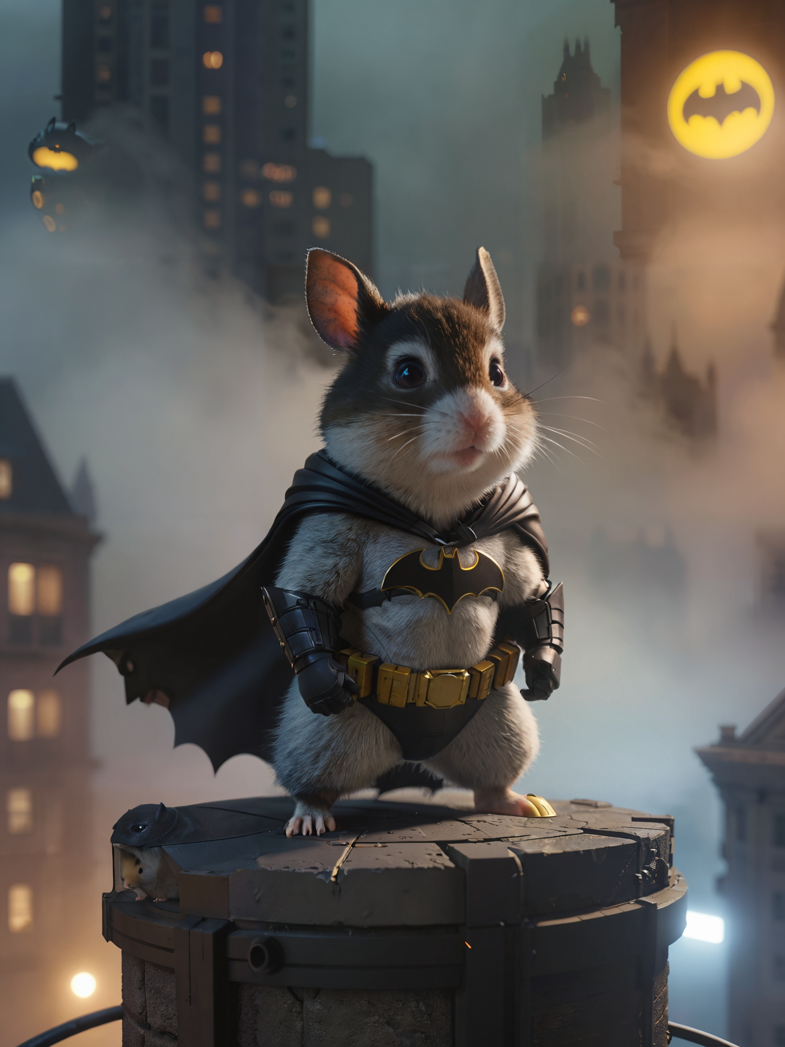 nighttime, hamster batman, on top of building in gotham city, batsignal , (volumetric fog:1.6)  <lora:extremely_detailed:-1> extremely detailed, 8k, masterpiece, dramatic lighting, vivid colors,r<lora:MJ52:0.2>