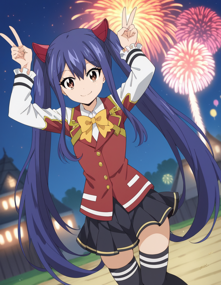score_9, score_8_up, score_7_up, source_anime, <lora:wendy-marvell-100yq-ponyxl-lora-nochekaiser:1>, wendy marvell, long hair, hair ornament, ribbon, hair between eyes, twintails, brown eyes, very long hair, blue hair,, skirt, thighhighs, bow, ribbon, pleated skirt, black thighhighs, bowtie, black skirt, zettai ryouiki, yellow bow, yellow ribbon, festival, fireworks, summer night, food stall, traditional, arms up,, smile, looking at viewer, v,, solo,, dutch angle,
