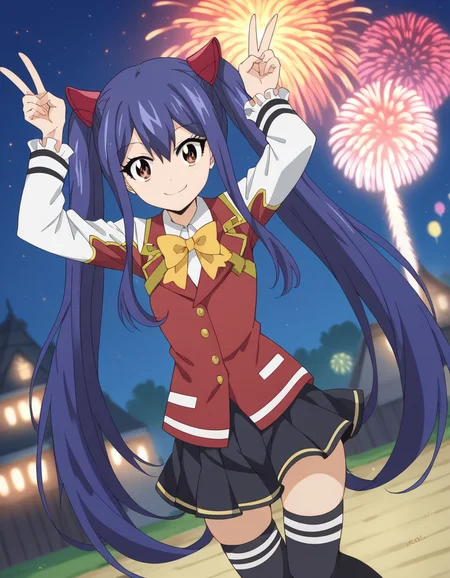 score_9, score_8_up, score_7_up, source_anime, <lora:wendy-marvell-100yq-ponyxl-lora-nochekaiser:1>, wendy marvell, long hair, hair ornament, ribbon, hair between eyes, twintails, brown eyes, very long hair, blue hair,, skirt, thighhighs, bow, ribbon, pleated skirt, black thighhighs, bowtie, black skirt, zettai ryouiki, yellow bow, yellow ribbon, festival, fireworks, summer night, food stall, traditional, arms up,, smile, looking at viewer, v,, solo,, dutch angle,