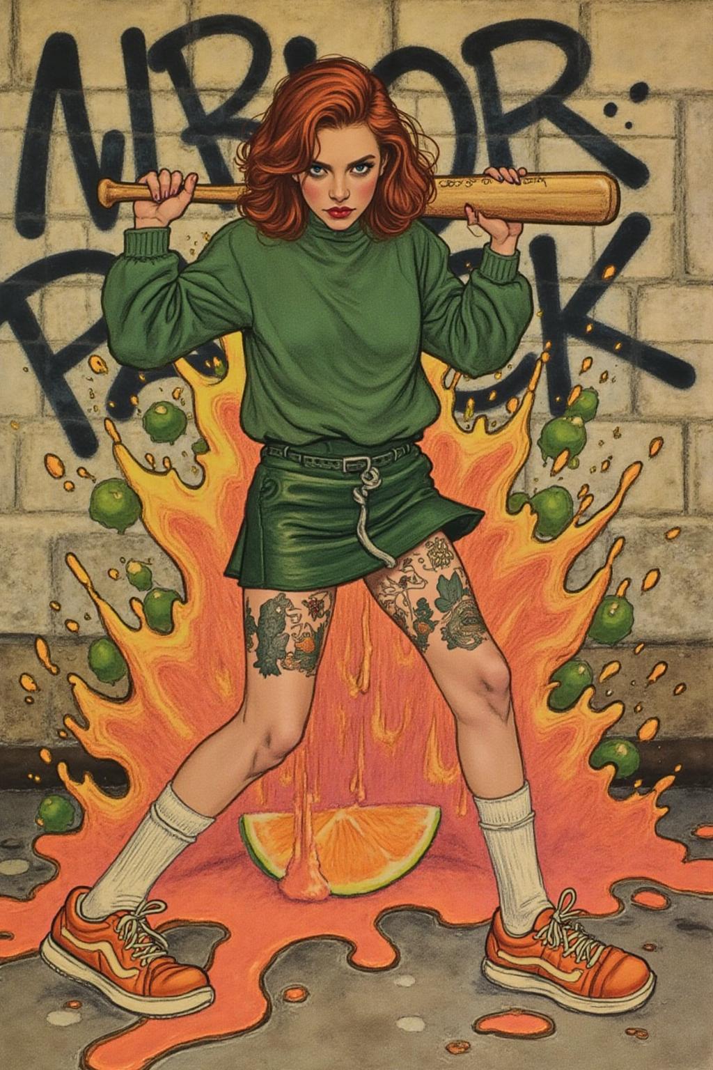 shippengreen1 illustration.
 full body, liquid splash, cartoonish juicy fruits chaos, dynamic pose, dynamic camera, a fashion shoot, an illustration of a young woman threateningly holding a baseball bat in her hands, full body tattoo, wearing green short sweater, miniskirt, knee socks, orange sneakers, aggressive facial expression, wall with graffiti in the background,     <lora:shippengreen1_cap_d6a3:1.0><lora:837368187478662388:0>