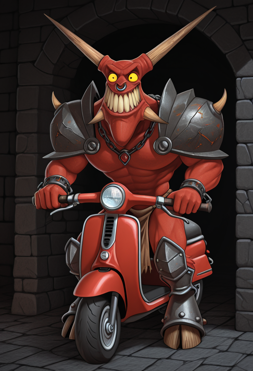 ride on scooter, horned_reaper, full body, hooves, shoulder pads O_O, leg armor, nose ring, necklace, loincloth, chain, solo, 1man, dungeon, darkness, long teeth mouth, bright torches, torches on wall, red scooter,
masterpiece,best quality,amazing quality