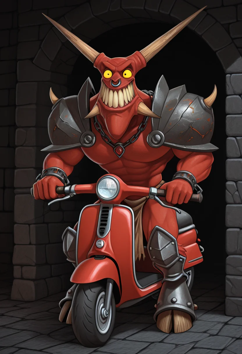 ride on scooter, horned_reaper, full body, hooves, shoulder pads O_O, leg armor, nose ring, necklace, loincloth, chain, solo, 1man, dungeon, darkness, long teeth mouth, bright torches, torches on wall, red scooter,
masterpiece,best quality,amazing quality
