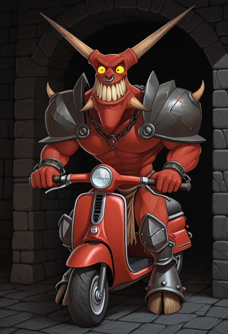 ride on scooter, horned_reaper, full body, hooves, shoulder pads O_O, leg armor, nose ring, necklace, loincloth, chain, solo, 1man, dungeon, darkness, long teeth mouth, bright torches, torches on wall, red scooter,
masterpiece,best quality,amazing quality