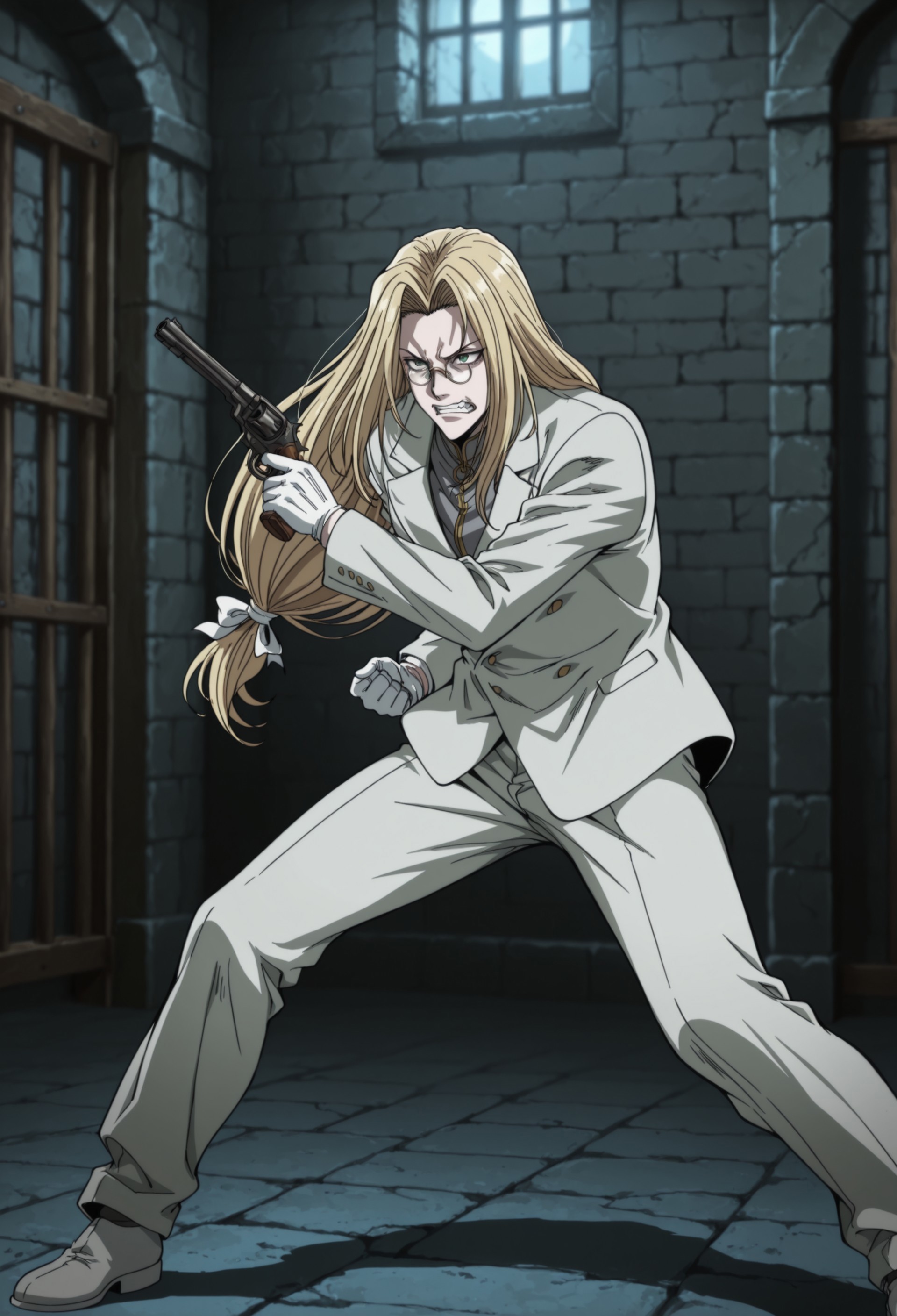 masterpiece, best quality, amazing quality, very aesthetic, absurdres, LukeValentine, 1boy, blonde hair, low-tied long hair, white hair bow, green eyes, pale skin, pince-nez, white suit jacket, grey track jacket, layered clothes, white gloves, white pants, white shoes, fighting stance, holding revolver, clenched teeth, fangs, dungeon, fighting stance, dark