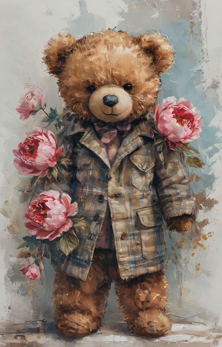 masterpiece,best quality,<lora:tbh37-sdxl:0.9>,illustration,teddy bear, decaying peonies
