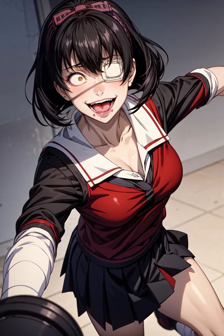 1girl,ikishima midari, short hair, black hair, eyepatch,school uniform, red sweater, black skirt,masterpiece,(saliva:1.2),gesugao,psycho smile,madness,open mouth,breathing,heavy breathing,tongue out,yandere,extremely detailed CG unity 8k wallpaper, best quality,32k,focus sharp, <lora:Kizuki - Kakegurui Ikishima Midari LoRA:1>, <lora:add_detail:1>, <lora:yameroyandere-v2:0.7>