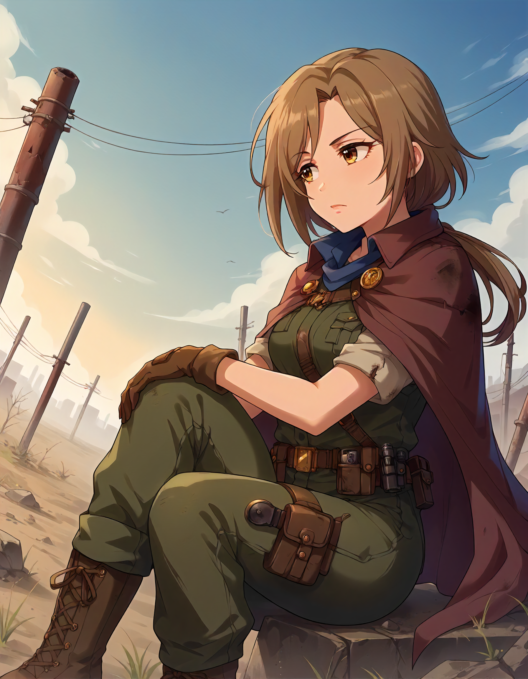 score_9,score_8_up,score_7_up,1girl,solo,one knee,looking away,dutch angle,post-apocalypse,wasteland,
<lora:ijuuinmegumi_ponyXLV6:0.8>,cgim,
brown hair,low ponytail,brown eyes,
cape,holster,cargo pants,laether gloves