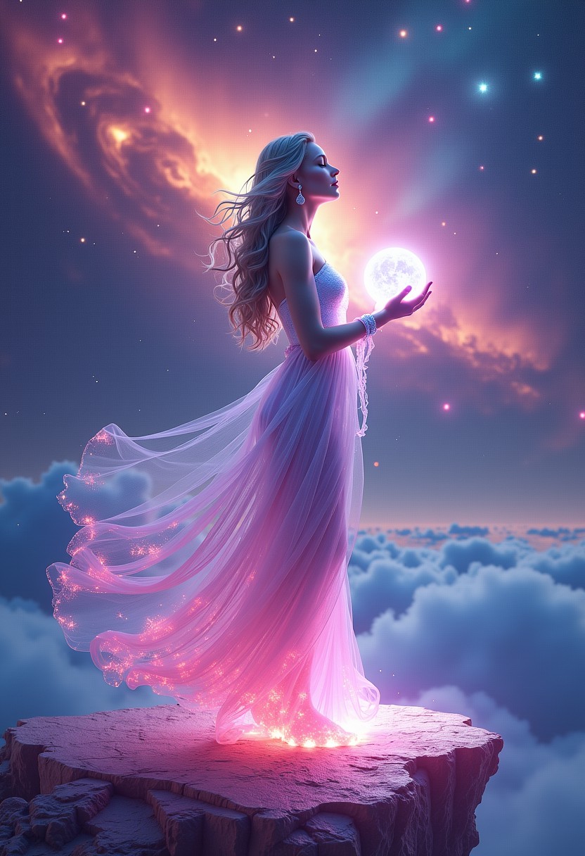 An Iridescent Goddess stands at the edge of a celestial realm, where the sky is a riot of swirling galaxies, nebulas, and shooting stars, bathed in intense colors of deep purples, pinks, and blues. Her flowing, iridescent gown blends seamlessly with the cosmic backdrop, reflecting the colors of the stars and nebulas around her. Her skin glows with an inner light, and her eyes are pools of endless cosmic energy. She stands on a platform made of translucent, glowing crystal, overlooking a vast, infinite universe. In her hands, she holds a sphere of pure, glowing energy, pulsating with the colors of the cosmos. The entire scene is a breathtaking display of color and light, with the goddess as the radiant center of this fantastical, otherworldly setting.