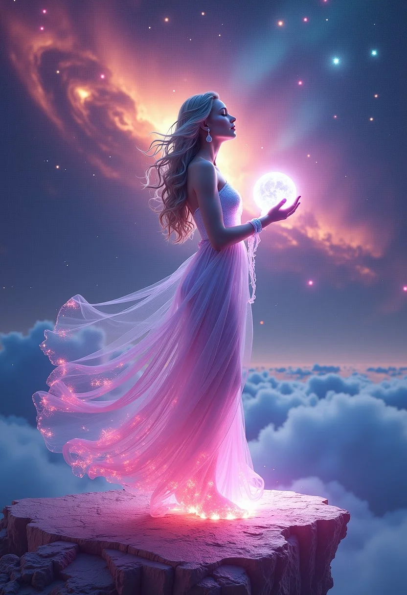 An Iridescent Goddess stands at the edge of a celestial realm, where the sky is a riot of swirling galaxies, nebulas, and shooting stars, bathed in intense colors of deep purples, pinks, and blues. Her flowing, iridescent gown blends seamlessly with the cosmic backdrop, reflecting the colors of the stars and nebulas around her. Her skin glows with an inner light, and her eyes are pools of endless cosmic energy. She stands on a platform made of translucent, glowing crystal, overlooking a vast, infinite universe. In her hands, she holds a sphere of pure, glowing energy, pulsating with the colors of the cosmos. The entire scene is a breathtaking display of color and light, with the goddess as the radiant center of this fantastical, otherworldly setting.