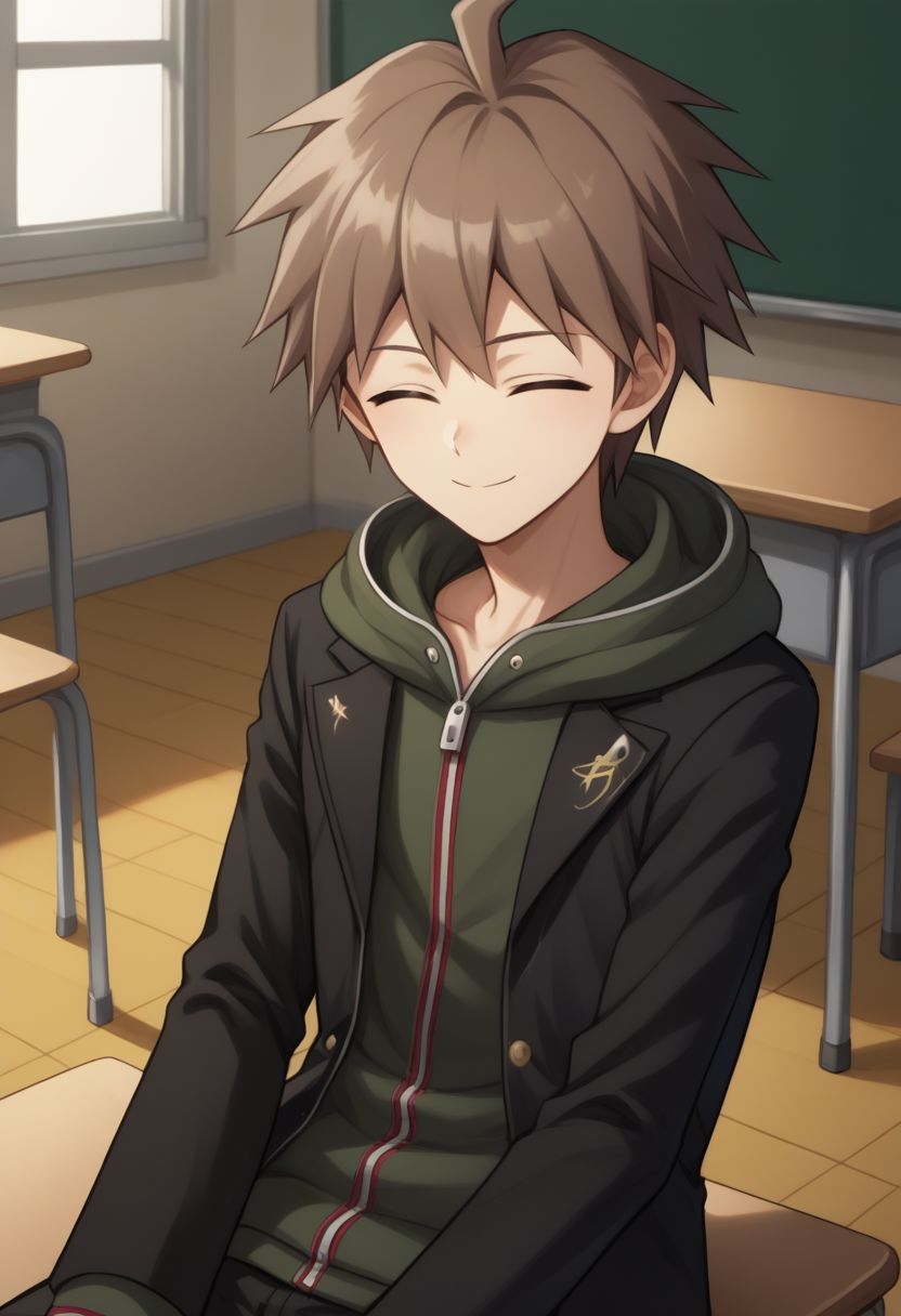 score_9, score_8_up, source_anime, highly detailed, 1boy, solo, skinny,
makoto, 1boy, solo, hood, male focus, hoodie, brown hair, closed eyes, jacket, ahoge,
smile, short hair, bangs, long sleeves, black jacket, hood down,
indoor, sit, classroom,