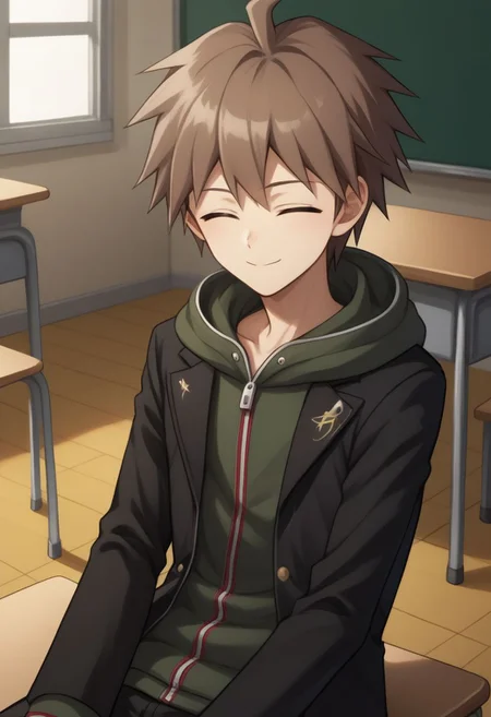 score_9, score_8_up, source_anime, highly detailed, 1boy, solo, skinny,
makoto, 1boy, solo, hood, male focus, hoodie, brown hair, closed eyes, jacket, ahoge,
smile, short hair, bangs, long sleeves, black jacket, hood down,
indoor, sit, classroom,