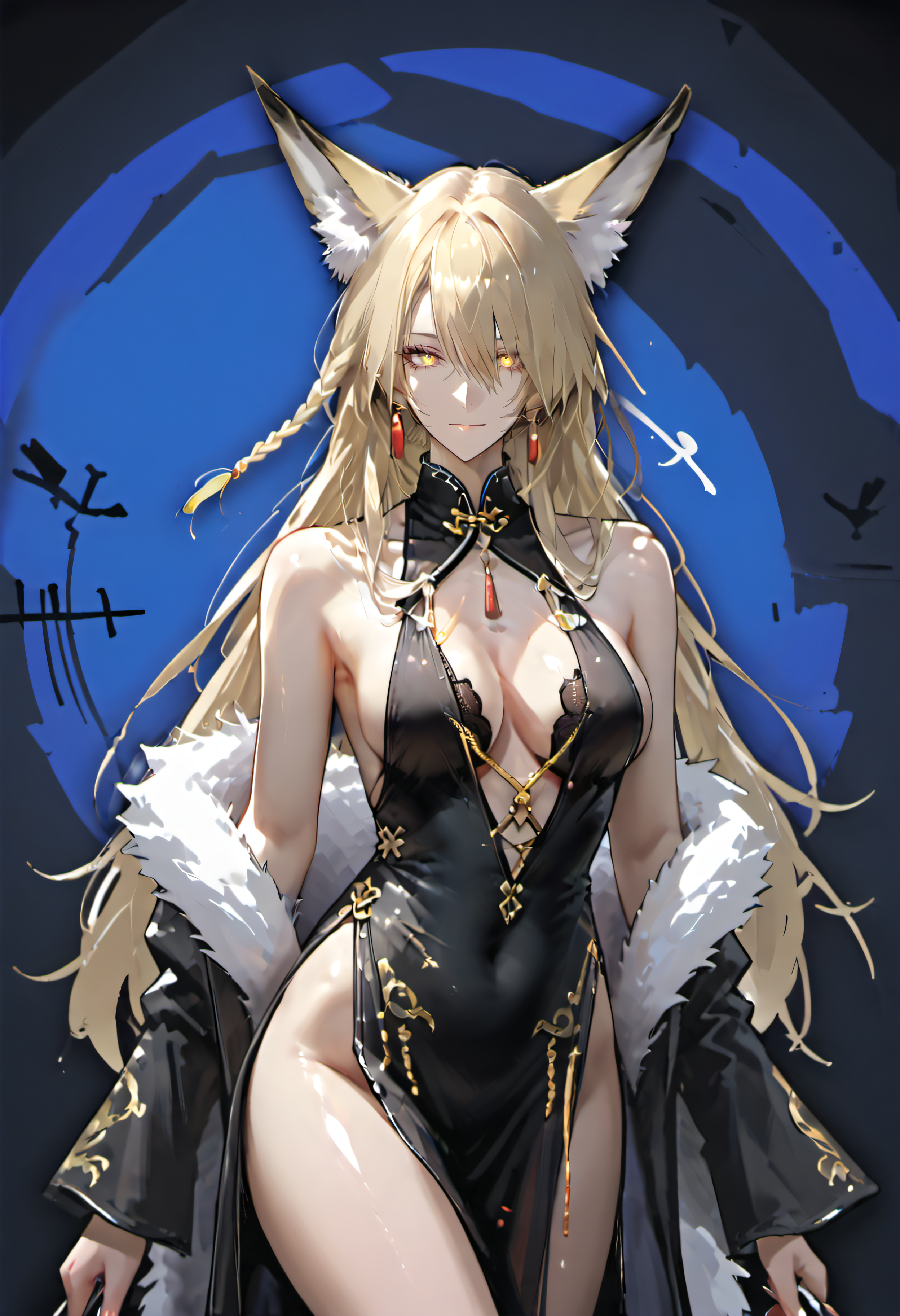 1girl,uncensored,cleavage,looking at viewer,closed mouth,,solo,,source_anime,(medium breasts:1.4)
eyeshd,animal ears, long hair, 1girl, blonde hair, braid, yellow eyes




dress, bare shoulders, feather boa, jewelry, looking at viewer,  hair ornament,   petals, china dress,chinese clothes, black dress,  collarbone, closed mouth,  sideboob, long_legs, 