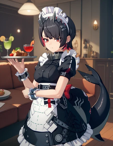 score_9, score_8_up, score_7_up, <lora:zzz-pack-v6-ponyxl-000031:0.85> ellen, black hair, ear piercing, hairclip
spiked collar, maid headdress, black dress, puffy short sleeves, maid apron, wrist cuffs, pantyhose
shark tail
1girl, solo, tray, serving cart, drinking glass, dessert, dining room, annoyed